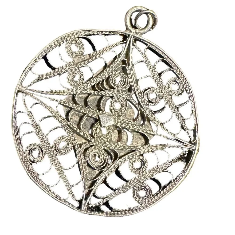Unisex WWII Vintage Silver Filigree black Niello Pendant.